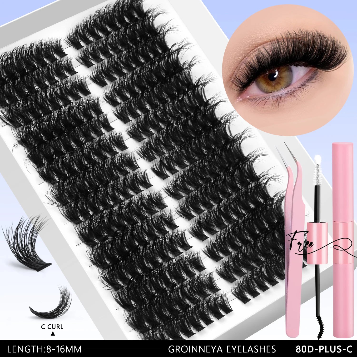 GROINNEYA DIY Eyelash Extension Kit Lashes Clusters Set Mix Eyelashes Full Set With Lash Bond&Seal and Eyelash Tweezers Makeup