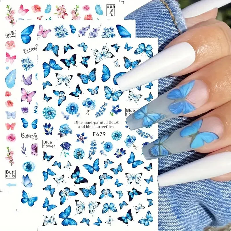 Elegant Butterfly Nail Manicure Stickers Blue Butterflies Leopard Retro Flowers Adhesive Decal Wedding Charm Manicure Tips