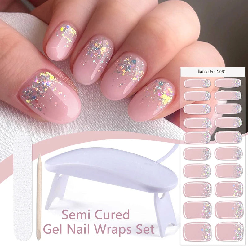 Harunouta 4pcs/set Gradient Jelly Semi Cured Gel Nail Strips with Nail Lamp Nude Pink Waterproof Nail Stickers Long Lasting Wrap