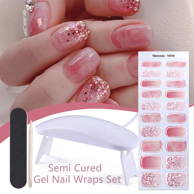 Harunouta 4pcs/set Gradient Jelly Semi Cured Gel Nail Strips with Nail Lamp Nude Pink Waterproof Nail Stickers Long Lasting Wrap