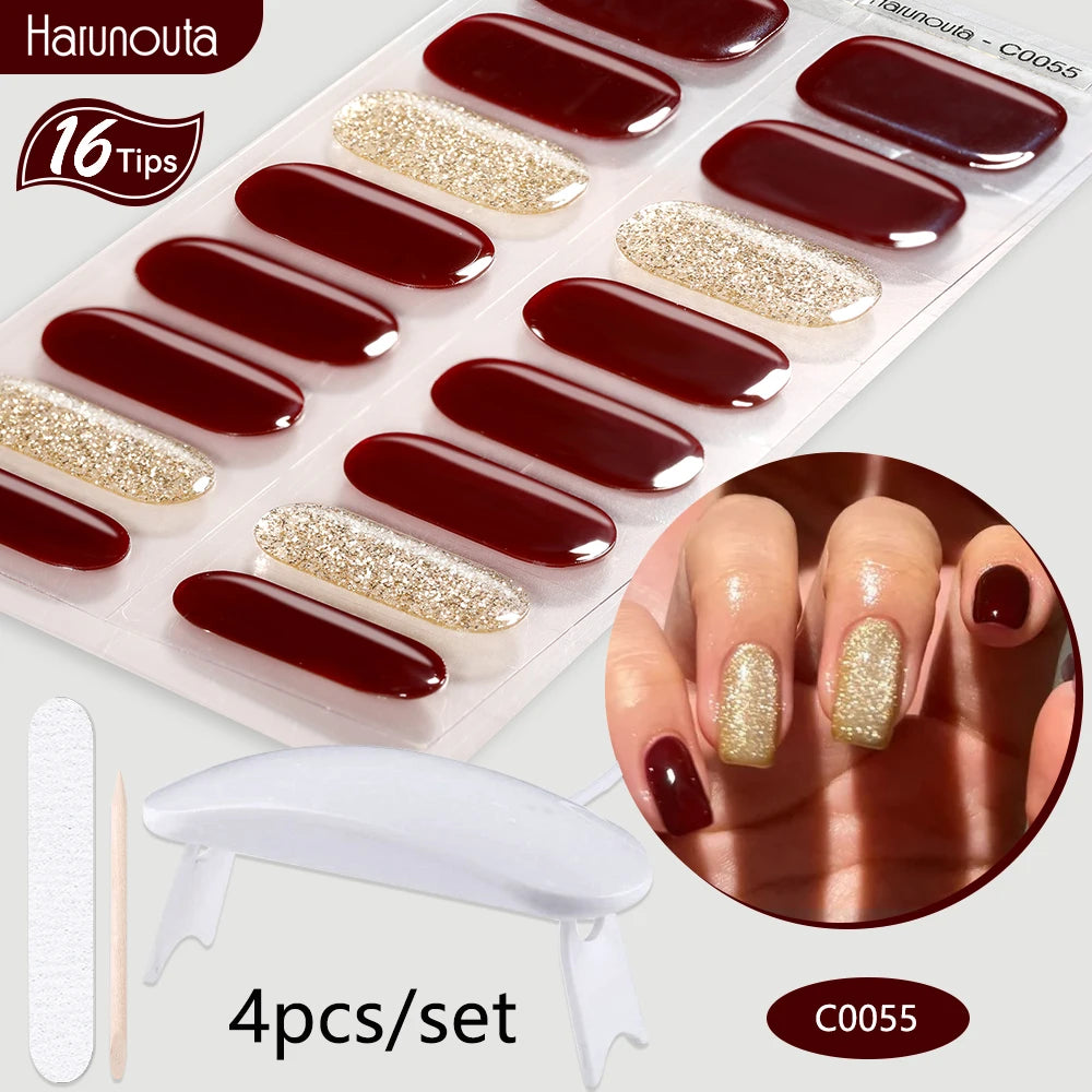 Harunouta 4pcs/set Gradient Jelly Semi Cured Gel Nail Strips with Nail Lamp Nude Pink Waterproof Nail Stickers Long Lasting Wrap