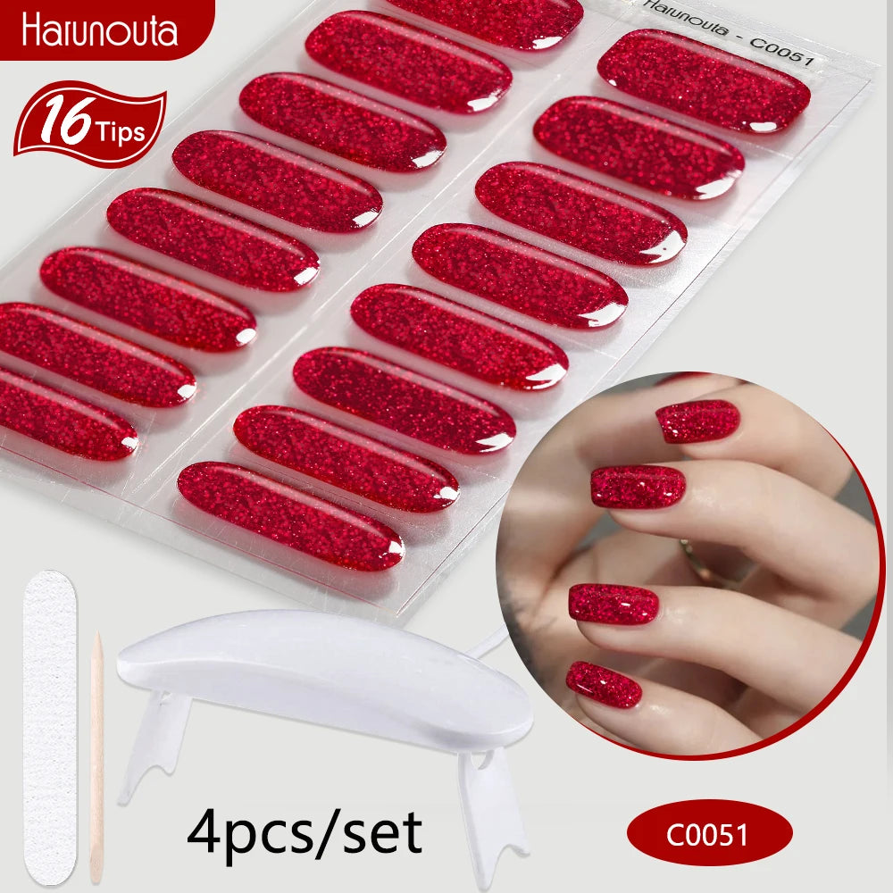Harunouta 4pcs/set Gradient Jelly Semi Cured Gel Nail Strips with Nail Lamp Nude Pink Waterproof Nail Stickers Long Lasting Wrap