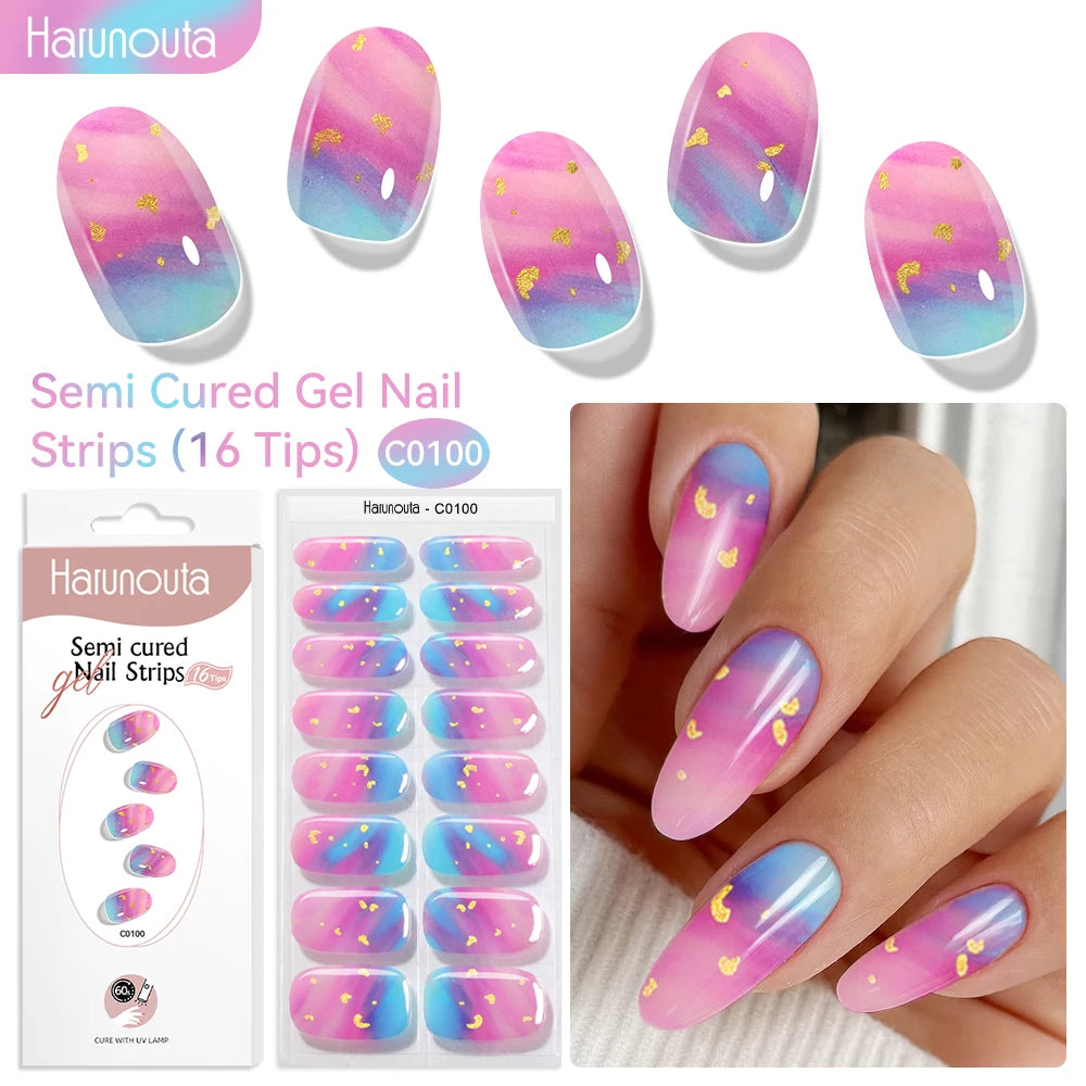 Harunouta 16strips Gradient Red Marble Gold Line Semi Cured Gel Nail Strips DIY Gel Polish Stickers for Nails Work with UV/LED