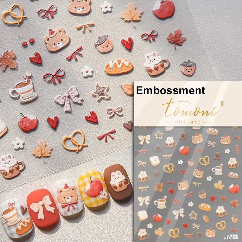 1pcs 5D Japanese Kawaii Bear Nail Art Stickers Brown Cartoon Animals Self-Adhesive Nail Decoration Decals DIY Slider Accessories