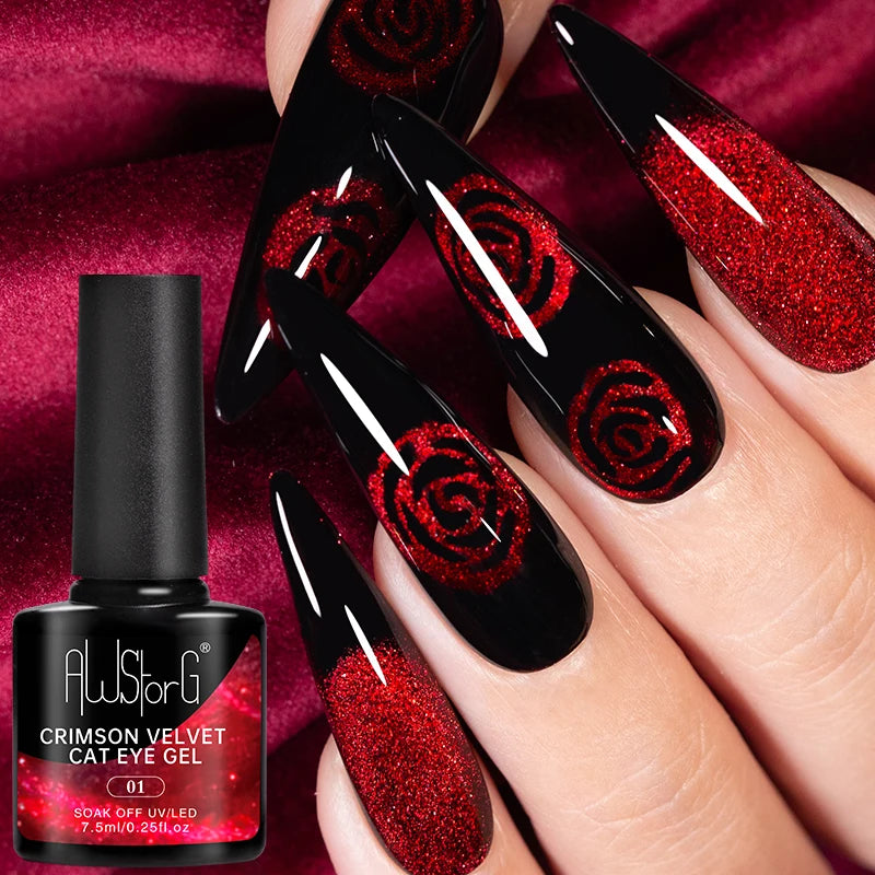 AWStorG 7.5ml Crimson Velvet Cat Eye Magnetic Gel Nail Polish Shiny Ruby Red Cat Eye Gel Soak Off UV Semi-Permanent Nail Art