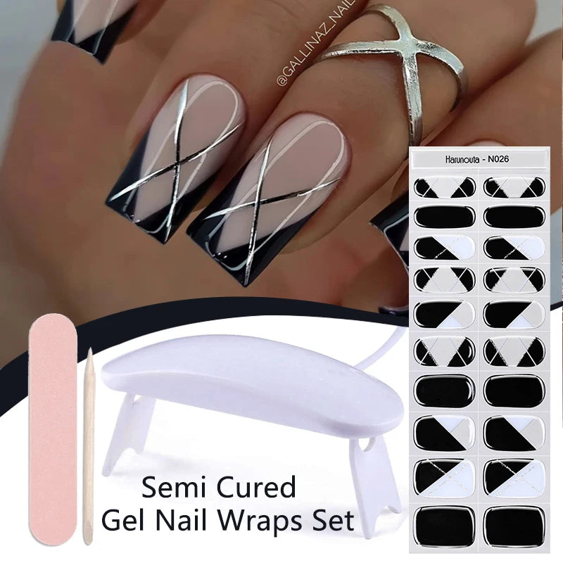 Harunouta 4pcs/set Gradient Jelly Semi Cured Gel Nail Strips with Nail Lamp Nude Pink Waterproof Nail Stickers Long Lasting Wrap
