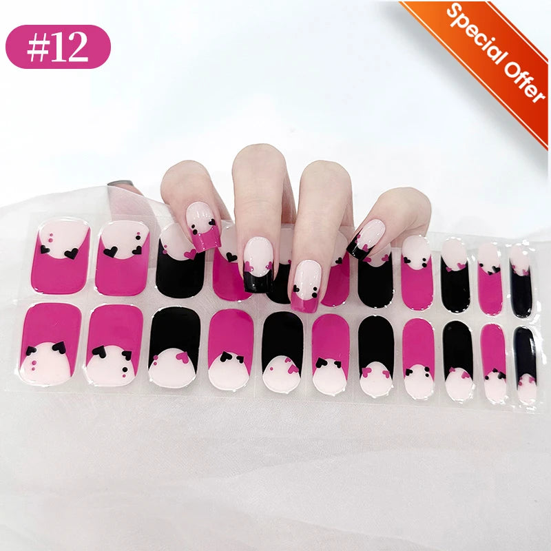 20Tips Gradient French Semi-cured Gel Nail Sticker UV Lamp Needed Full Cover Nail Gel Polish Wraps Manicure Press on Nails Decal