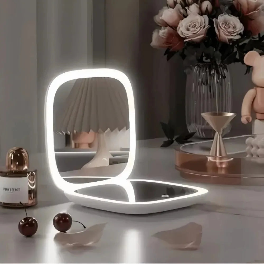 Portable LED Travel Makeup Mirror with 2X Magnification and Three Level Dimming - Double Sided, Handheld, Compact and Folding