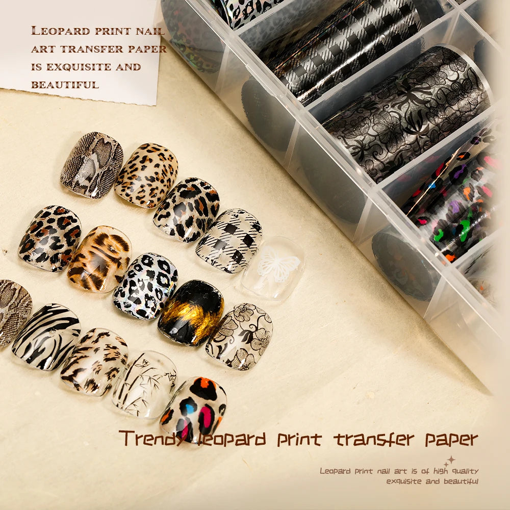 10 Rolls Water Soluble Leopard Print Transfer Paper Nail Transfer Foil Animal Printing Stickers Professional Nail Art Design