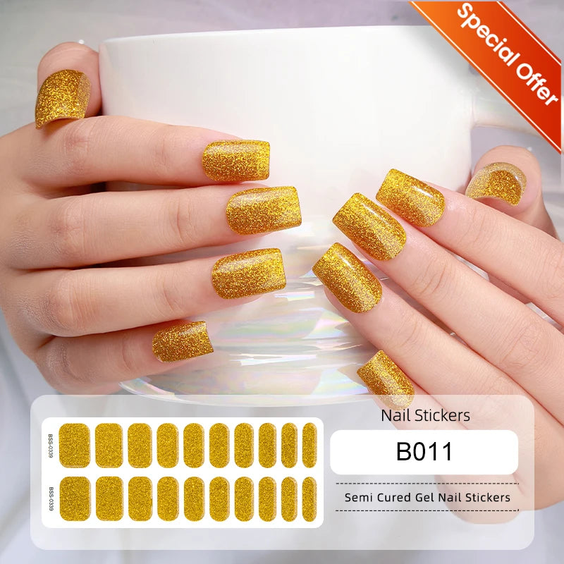 20Tips Gradient French Semi-cured Gel Nail Sticker UV Lamp Needed Full Cover Nail Gel Polish Wraps Manicure Press on Nails Decal