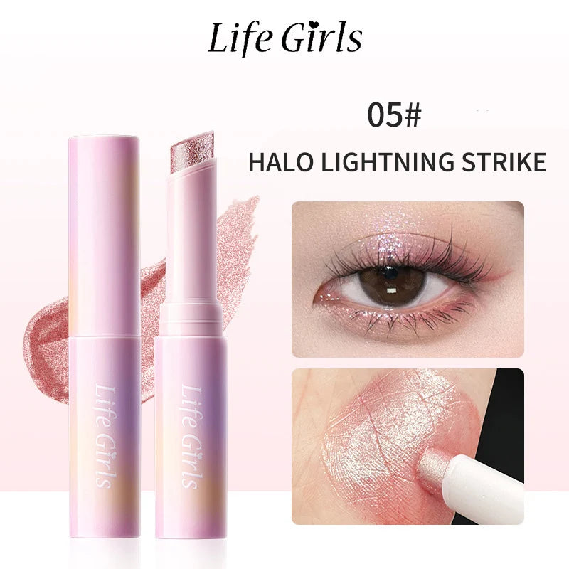 Water-Gel Eyeshadow Stick Is a Single-Swipe Makeup Highlighter Eyeshadow Stick with a Pearlescent Shimmer in Various Colors. Glowing Highlighter Eyeshadow Stick Is a Stick That Can Be Used on Both Eyebrows. The Waterproof Eff