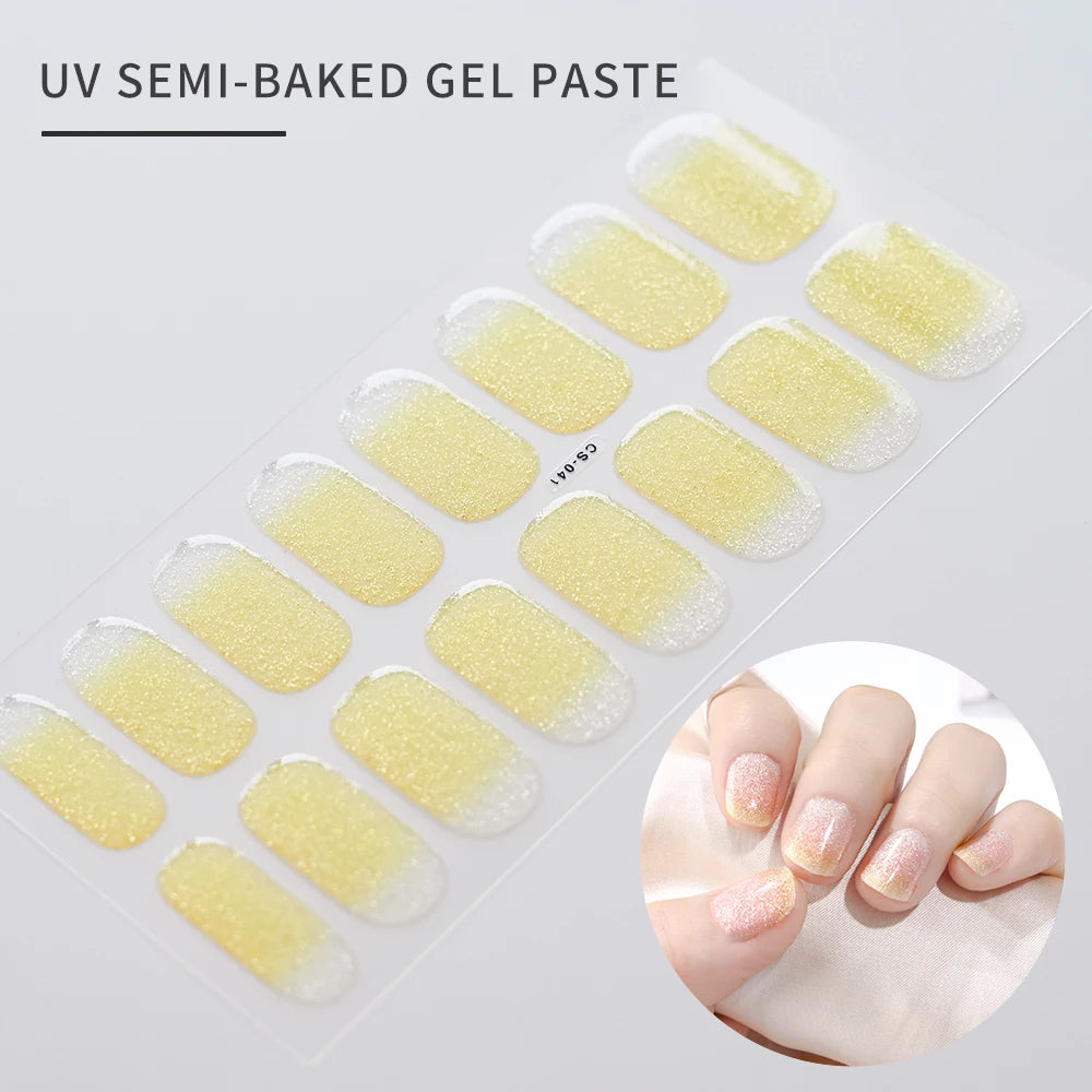 16Tips Glitter Semi-Cured Gel UV Sticker 3D French Gradient Shiny Glitter Powder UV Gel Sticker Full Cover UV Lamp Glitter Decal