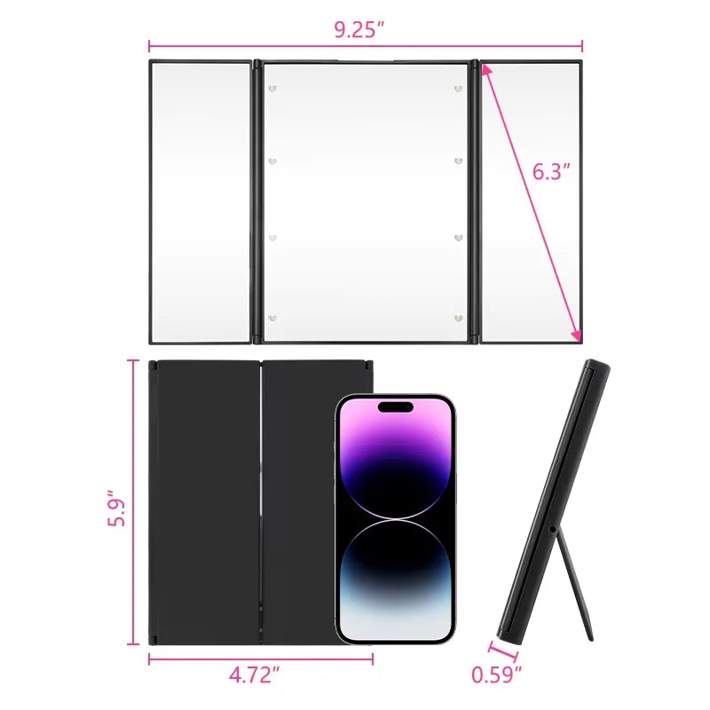 Get the Perfect Look Anywhere with the Portable Three-Sided LED Makeup Mirror - Ideal for Travel and Touch-Ups!
