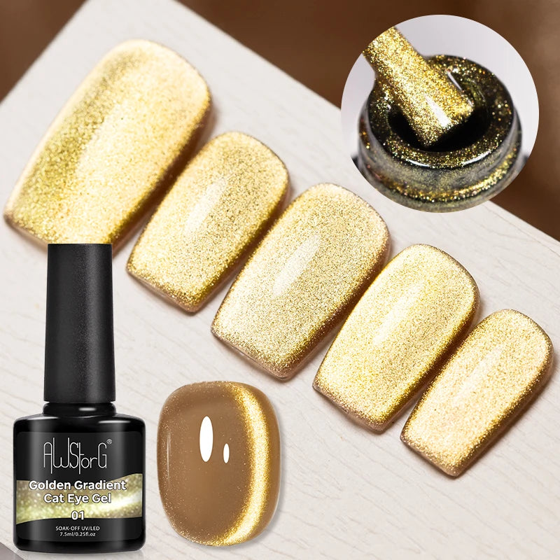 AWStorG 7.5ml Golden Gradient Cat Eye Nail Polish Gel Phototherapeutic Gel Soak Off Nail Magnetic Gel Polish Nail Art DlY