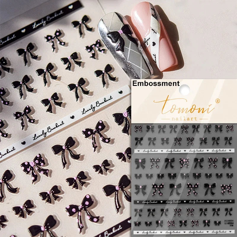 French Leopard Print Bowknot Lace Ribbon Rhinestone Pearl Bow Tie Simple White Black Nail Art Stickers Decoration Manicure Decal
