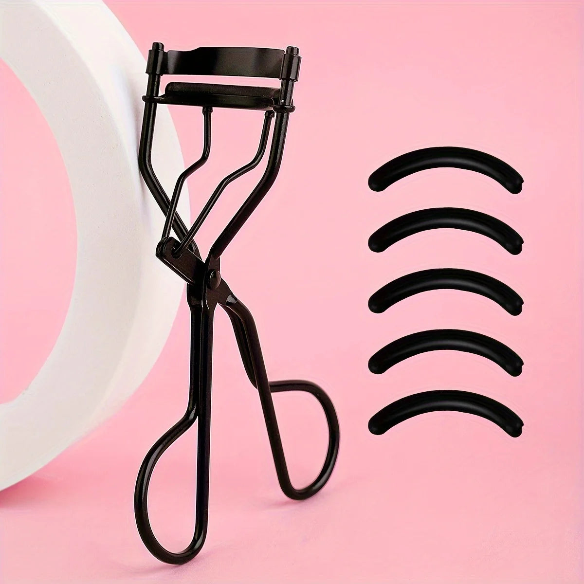 1 portable eyelash curler with 5 silicone pads, stainless steel eyelash curler, permanently shaping big eyes.