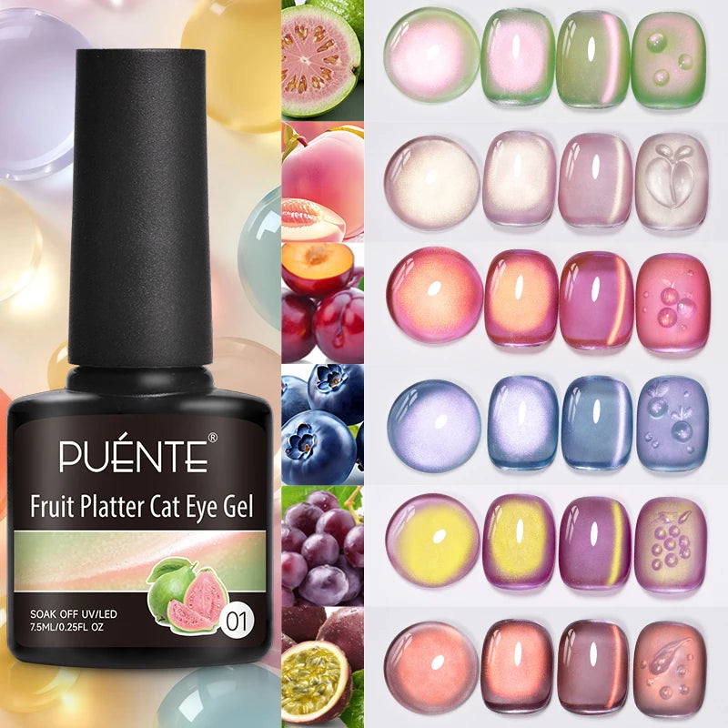 PUENTE Fruit Series Cat Magnetic Gel Nail Polish Summer Green Purple Pink Cat Eye Nail Gel Soak Off UV Semi-Permanent Varnish