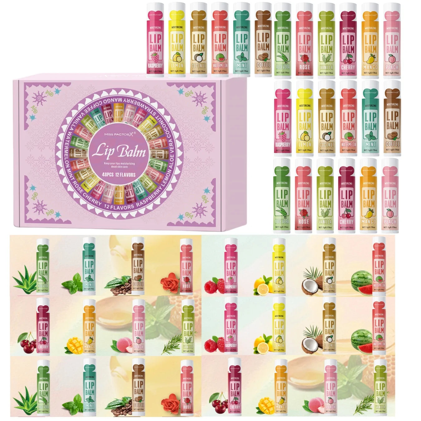 48PCS/ box Moisturizing Lip Balm set 5g12 Flower fragrance Natural fragrance moisturizing and brightening lip color holiday gift
