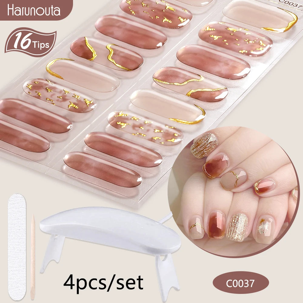 Harunouta 4pcs/set Gradient Jelly Semi Cured Gel Nail Strips with Nail Lamp Nude Pink Waterproof Nail Stickers Long Lasting Wrap