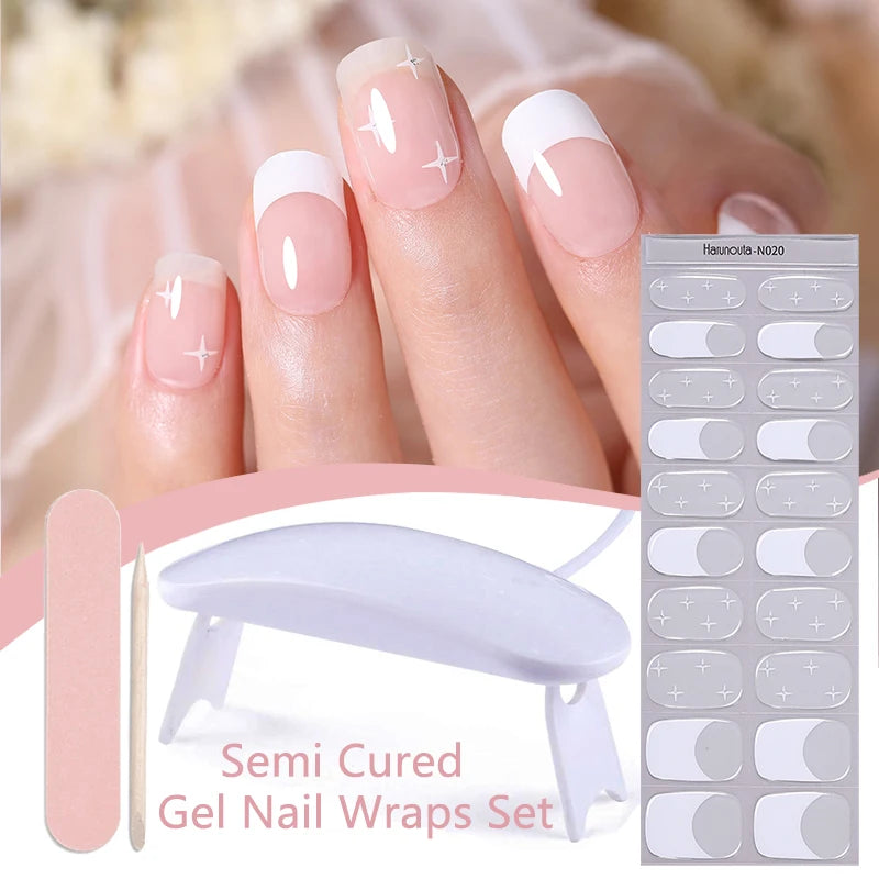 Harunouta 4pcs/set Gradient Jelly Semi Cured Gel Nail Strips with Nail Lamp Nude Pink Waterproof Nail Stickers Long Lasting Wrap