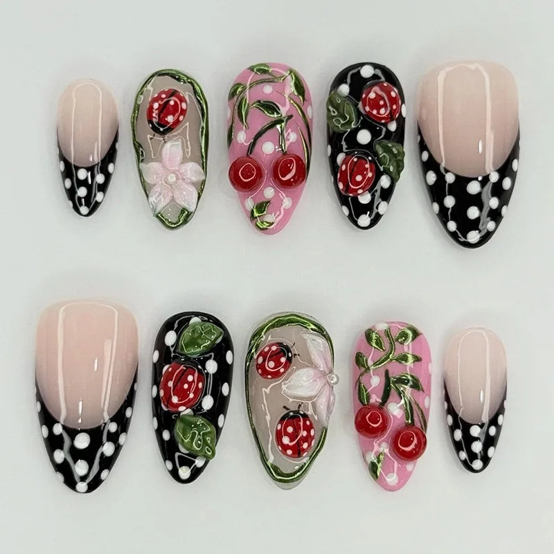24PCS Wine Red Almond Press on Nails Cartoon Rabbit Bowknot with Plaid Pearl Designs French Fake Nails for Girls Detachable Nail