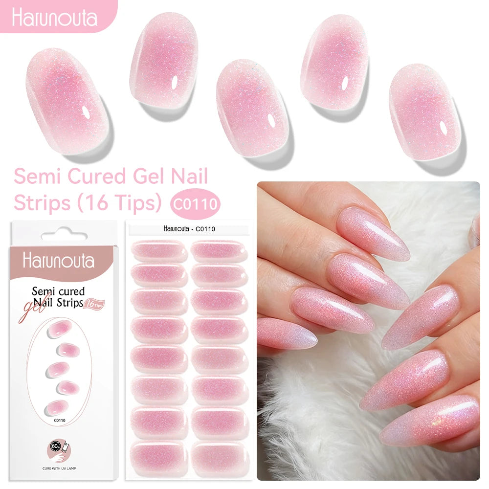 Harunouta 16strips Gradient Red Marble Gold Line Semi Cured Gel Nail Strips DIY Gel Polish Stickers for Nails Work with UV/LED