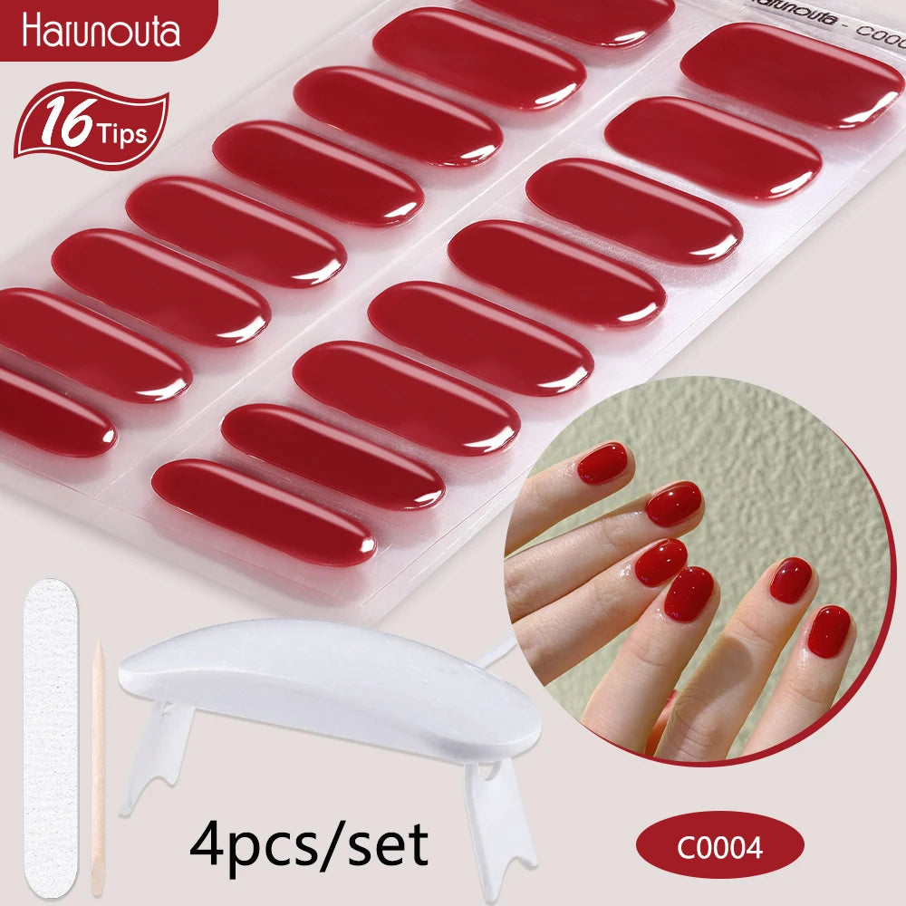 Harunouta 4pcs/set Gradient Jelly Semi Cured Gel Nail Strips with Nail Lamp Nude Pink Waterproof Nail Stickers Long Lasting Wrap