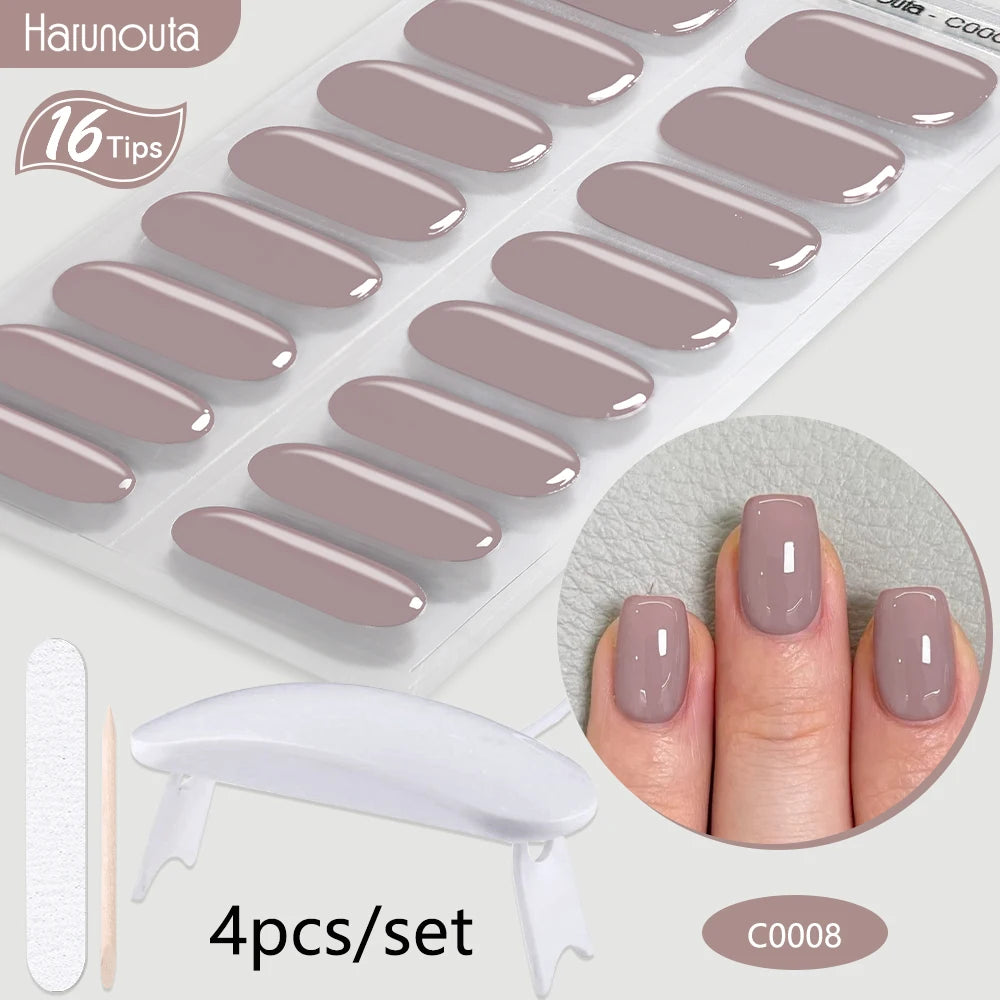 Harunouta 4pcs/set Gradient Jelly Semi Cured Gel Nail Strips with Nail Lamp Nude Pink Waterproof Nail Stickers Long Lasting Wrap