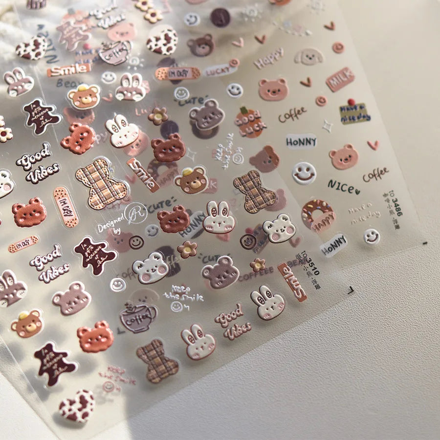 1pcs 5D Japanese Kawaii Bear Nail Art Stickers Brown Cartoon Animals Self-Adhesive Nail Decoration Decals DIY Slider Accessories
