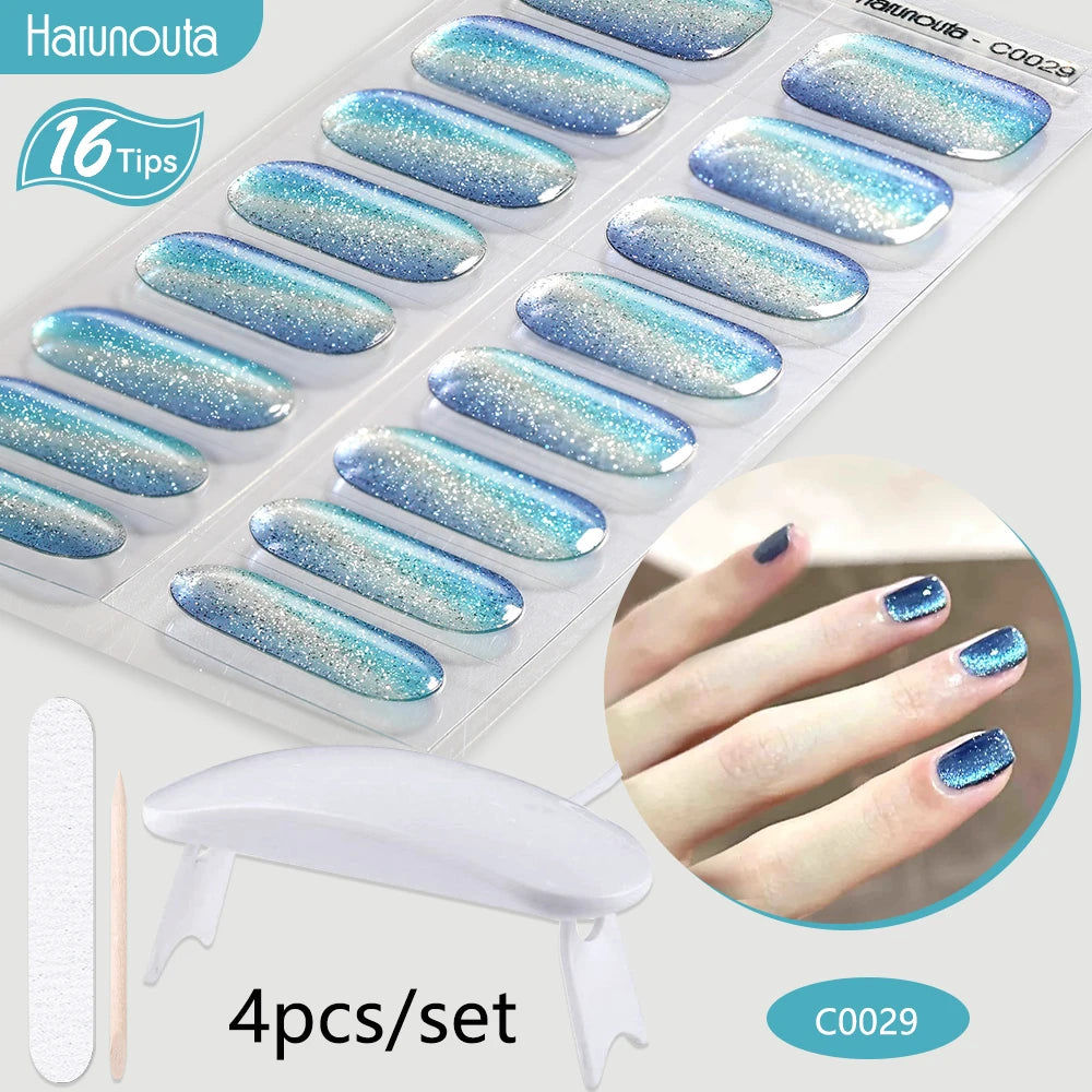 Harunouta 4pcs/set Gradient Jelly Semi Cured Gel Nail Strips with Nail Lamp Nude Pink Waterproof Nail Stickers Long Lasting Wrap