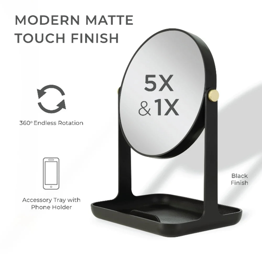 5X 1X Magnification Makeup Mirror with Accessory Tray Phone Holder 360 Degree Rotation Dual-Sided Vanity Mirror Ideal Makeup