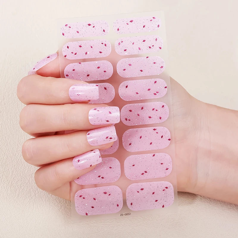 16Tips Sparkling DIY Baking-Free Nail Stickers French Nail Patch Full Cover Adhesive Nail Wraps Manicures Decoration Decal