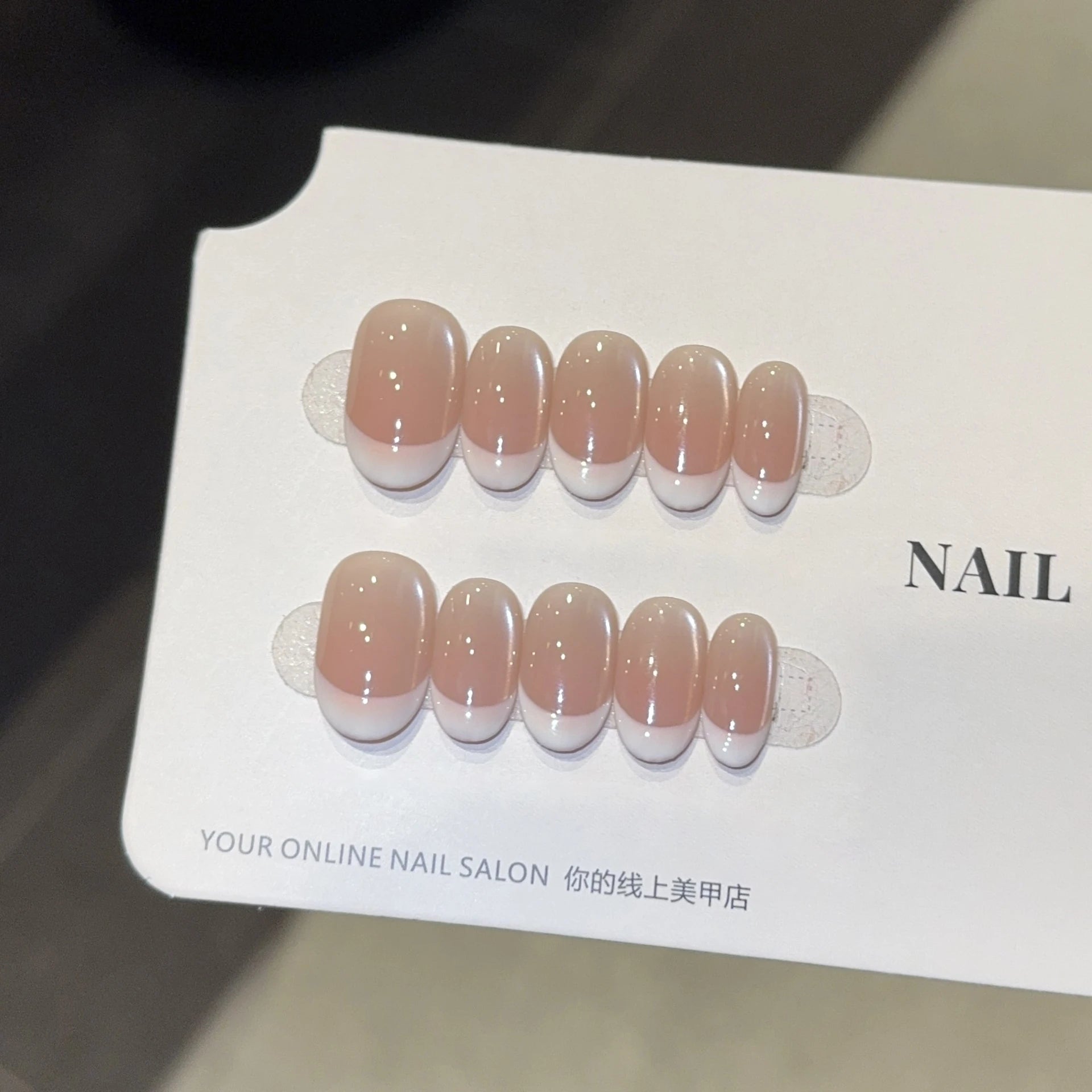 10Pcs White French Pink Heart Diamond Manicure Art Gentle Sweet Short Oval Artificial Wearing Nails Patch Full Cover Press Ons