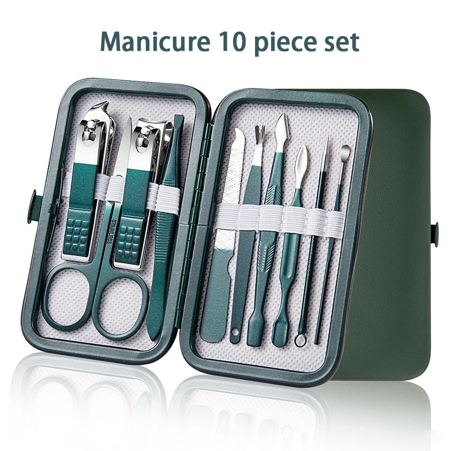 Green 6-18 Pcs Manicure Set With Leather Case Professional Foot And Face Care Tool Kits Stainless Steel Nail Clipper Sets Gift