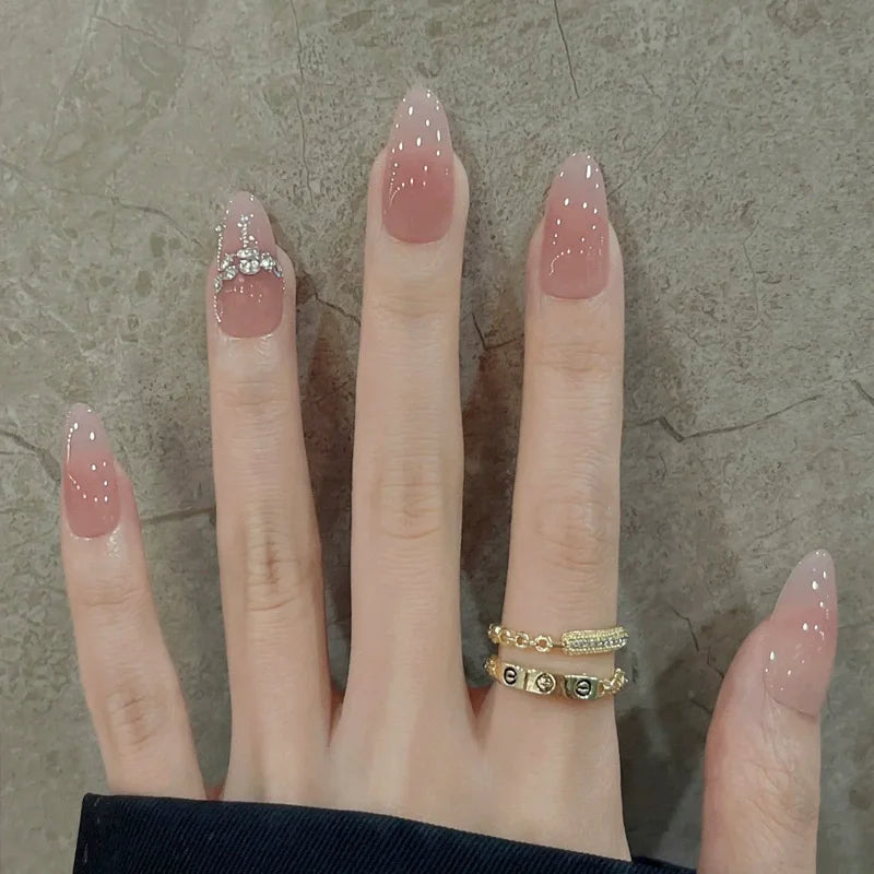 24Pcs Short Oval Head Blush Pink Press on Nails with Simple Designs Almond Nails Wearable Acrylic Full Cover Nail Tips with Glue