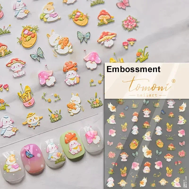 Lovely Animal Graffiti Cat Claw Rabbit Bunny Bear Dog Flower Fruit Dim Sum Candy Sunflower Adhesive 5D Nail Art Stickers Decal