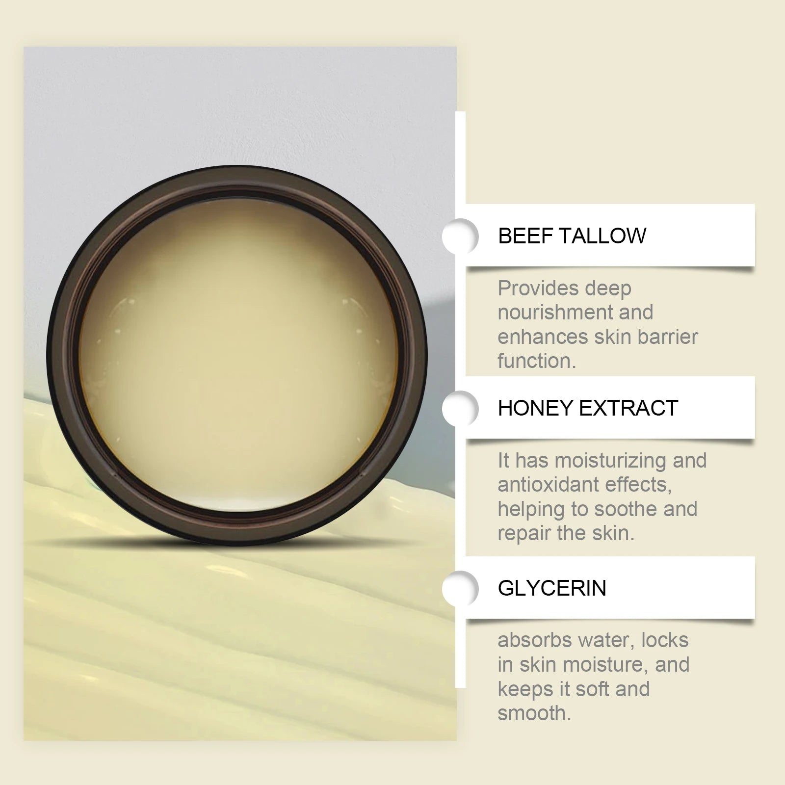 Whipped Beef Tallow and Honey Balm Skin Face Moisturizer Fast Absorption Grass Fed Grass Finished Organic Face Cream Body Lotion