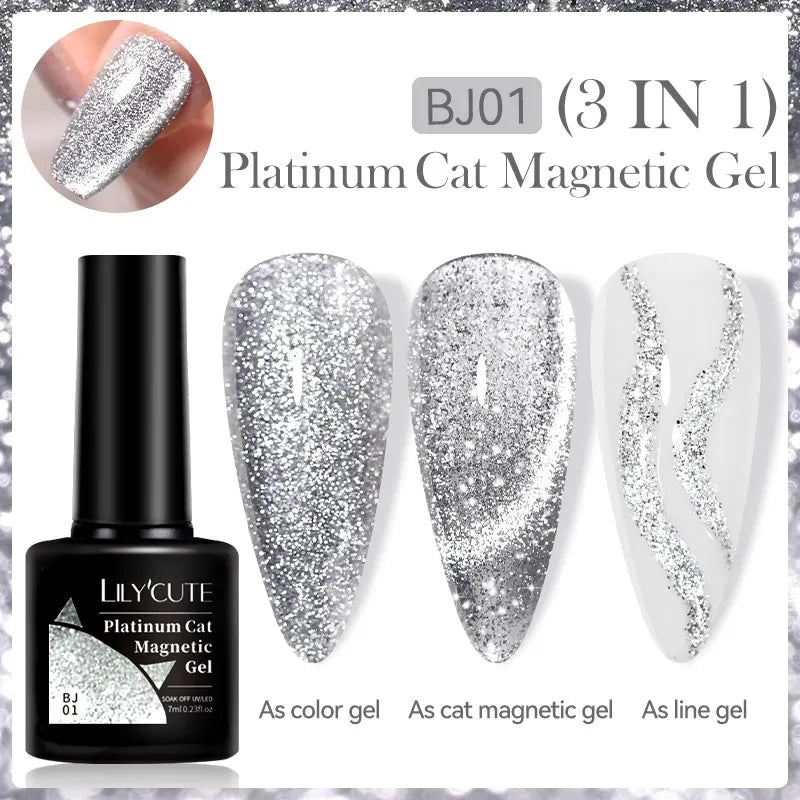 LILYCUTE 7ML 3 IN 1 Platinum Cat Magnetic Gel Nail Polish Silver Moonlight Magnetic Nail Sparkling Glitter Semi Permanent UV Gel