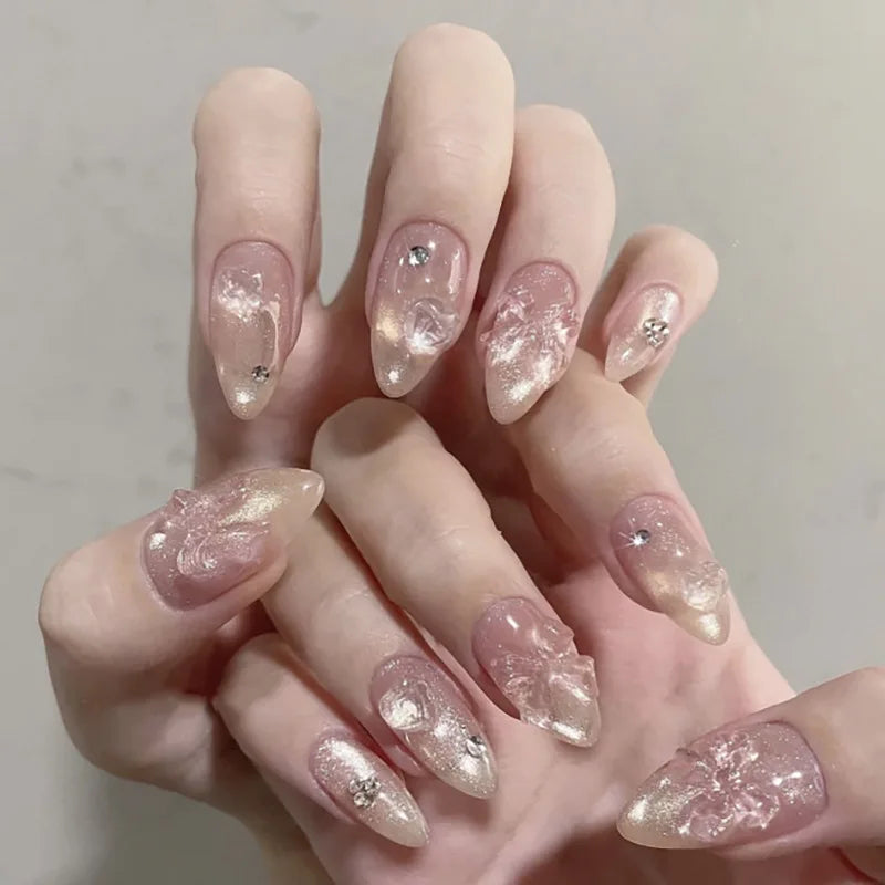 24Pcs 3D Strawberry Rabbit Flower Fake Nails Press on Mid-length Almond Wearable False Nails Green Gradient Pearl Manicure Tips
