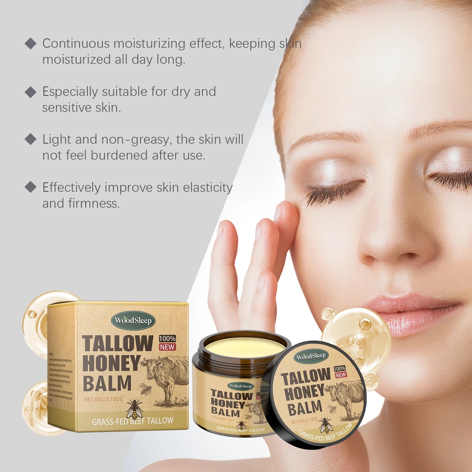 Whipped Beef Tallow and Honey Balm Skin Face Moisturizer Fast Absorption Grass Fed Grass Finished Organic Face Cream Body Lotion