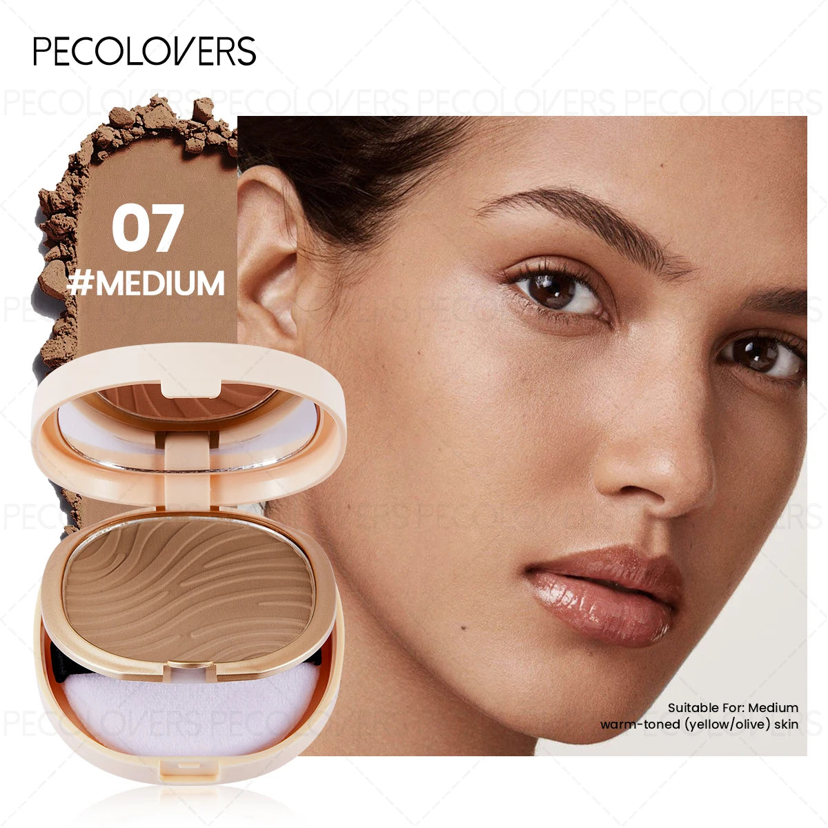 Pressed Powder Foundation, Waterproof, Matte Finish, Full Coverage, Non-Sticky, for All Skin Types, Light to Medium Tone