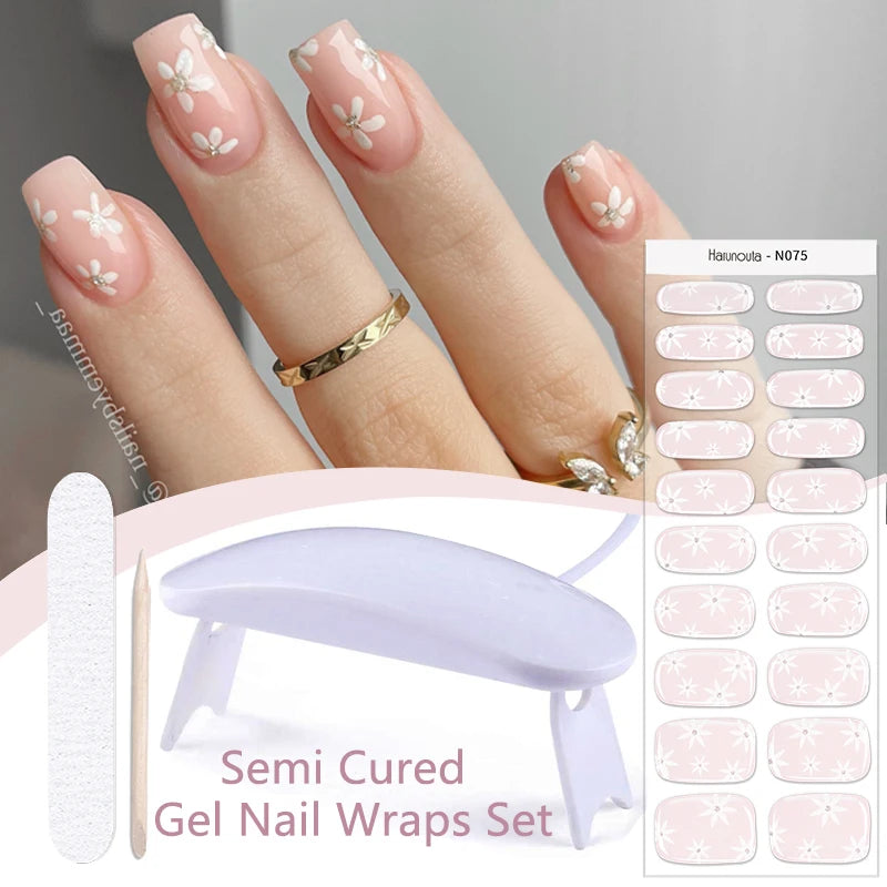 Harunouta 4pcs/set Gradient Jelly Semi Cured Gel Nail Strips with Nail Lamp Nude Pink Waterproof Nail Stickers Long Lasting Wrap