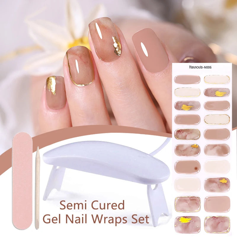 Harunouta 4pcs/set Gradient Jelly Semi Cured Gel Nail Strips with Nail Lamp Nude Pink Waterproof Nail Stickers Long Lasting Wrap