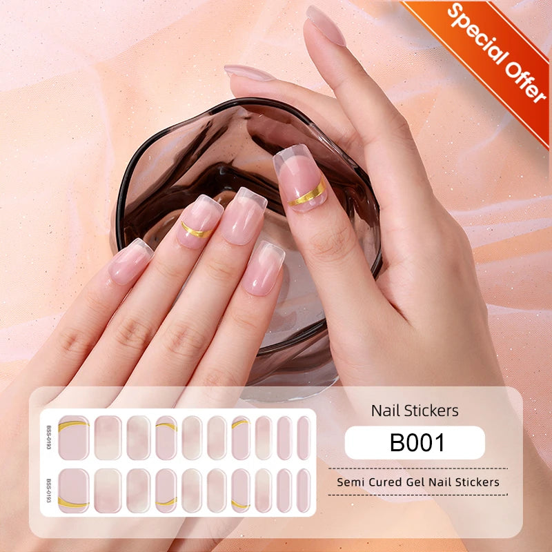 20Tips Gradient French Semi-cured Gel Nail Sticker UV Lamp Needed Full Cover Nail Gel Polish Wraps Manicure Press on Nails Decal