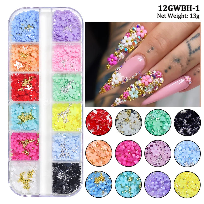 White Acrylic Flower Nail Art Decorations Mixed Size Rhinestones Red Blue Gem Manicure Tools Accessories DIY Nails Design 5g