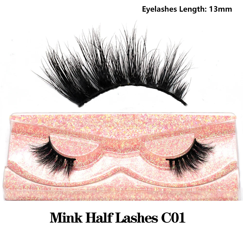 3D Mink Fluffy Half False Eyelashes Natural Soft Lightweight Clear Band Half Eye Strip Lashes Reusable Short Eyelashes Extension