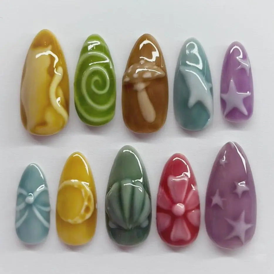 24pcs Flower Print Press on Nails Wine Red Blush Almond False Nail Tips Wearable Reusable Summer Spicy Girl Fake Nails