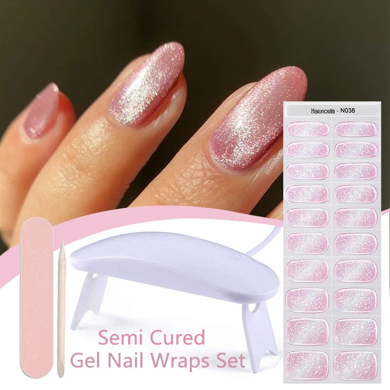 Harunouta 4pcs/set Gradient Jelly Semi Cured Gel Nail Strips with Nail Lamp Nude Pink Waterproof Nail Stickers Long Lasting Wrap