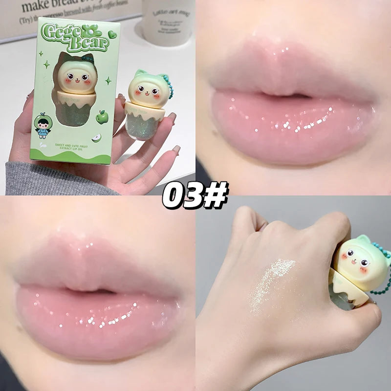 Gege Bear Cute Fruit-Flavored Lip Oil, Can be Key Pendant, Hydrating & Moisturizing Lip Balm for Lipstick Base, Reduces Lip Line