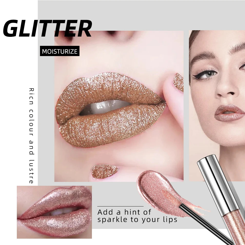 QIBEST Diamond Liquid Lipstick Lip Tint 6 Colors Moisturizing Long-Lasting Makeup Gray Sparkling Waterproof Lip Gloss Cosmetics